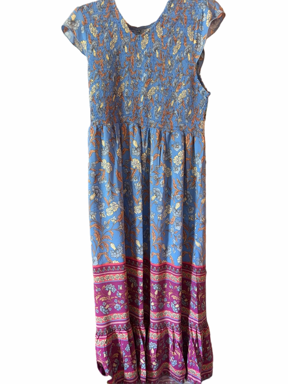 Boho, festival light weight maxi dress rayon, smocked bodice. XL new no tags